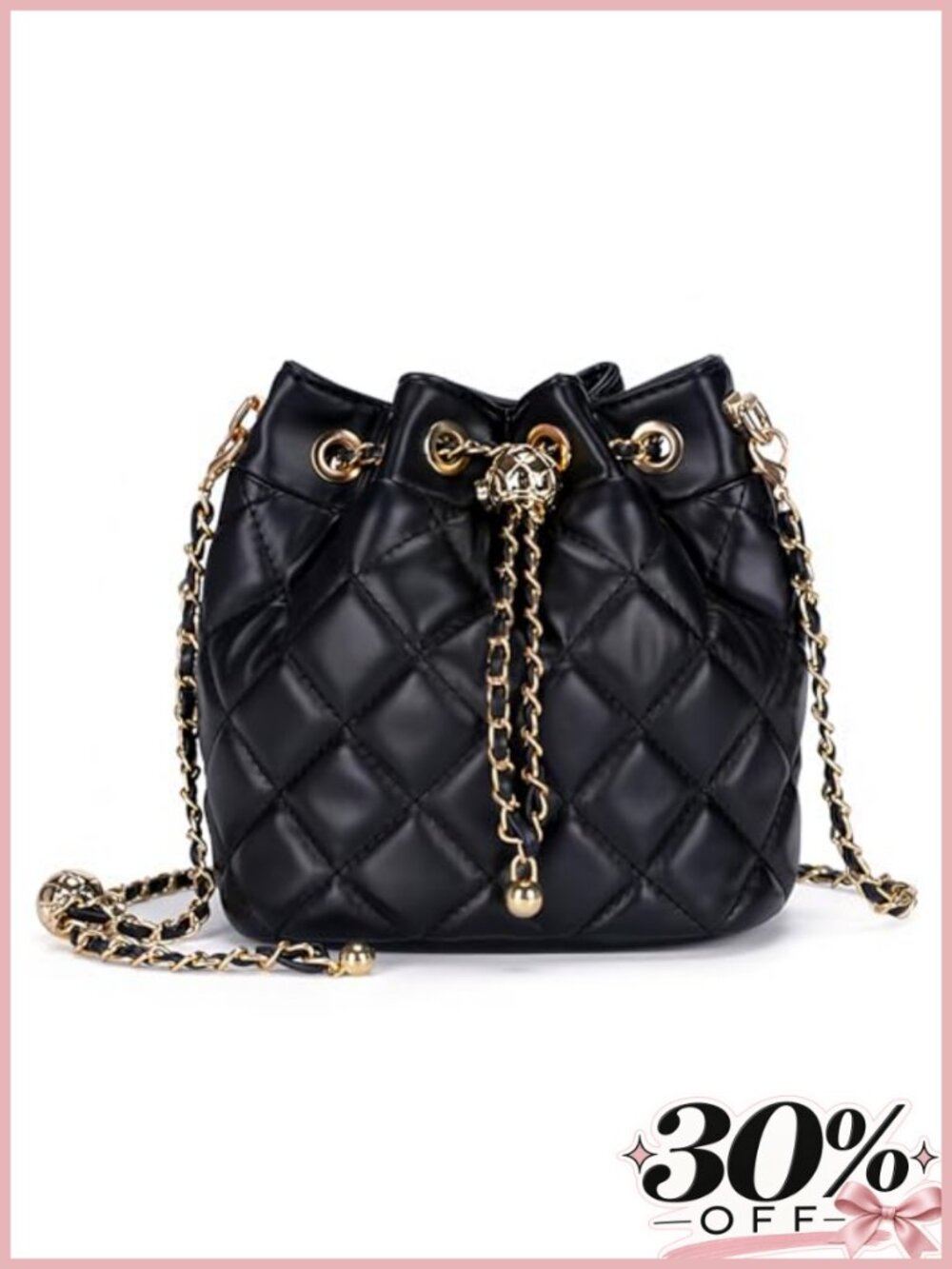 Quilted Faux Leather Bucket Bag with Chain Strap Crossbody Shoulder Bag